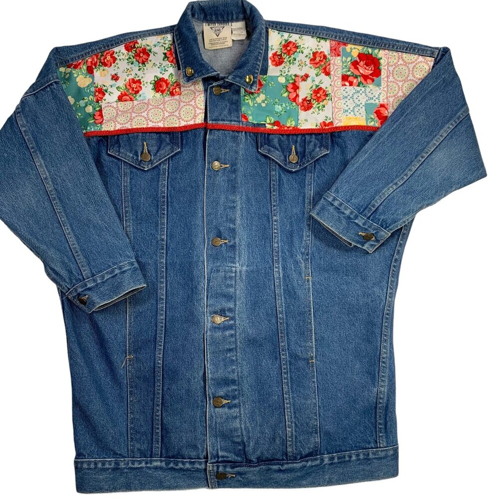 Denim Jacket Patchwork Flowers Pioneer Country Gi… - image 2